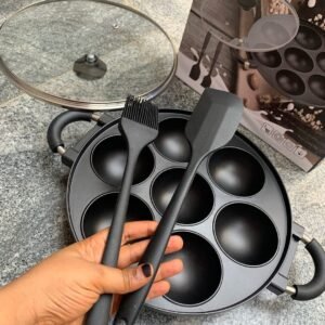 7 HOLES ROUND  SHAPE NON STICK MASA/BEAN CAKE PAN WITH GLASS LID/COVER AND 2 SILICON BRUSH